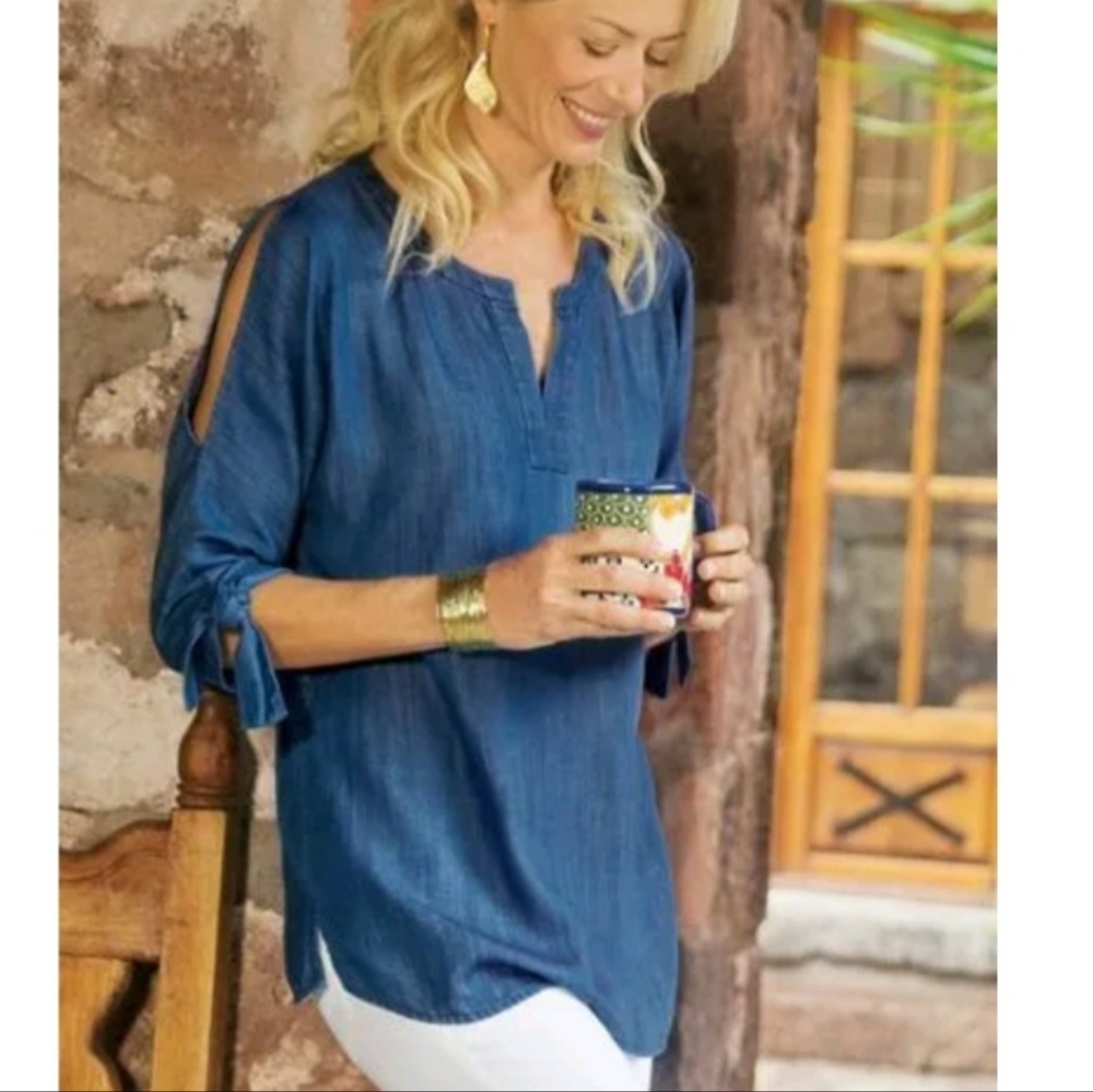 soft surroundings cold shoulder chambray denim shirt size large